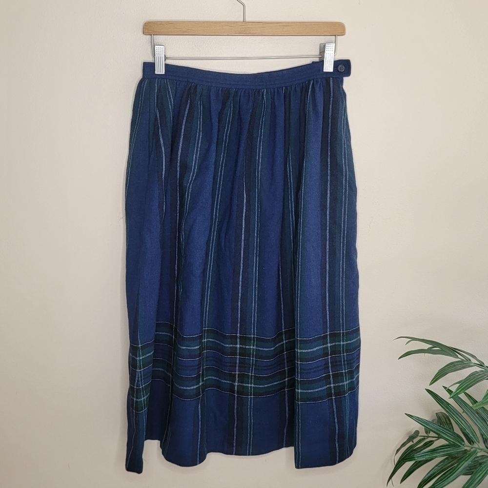 Vintage Pendleton Navy Blue & Green Plaid Wool Pleated Midi Skirt